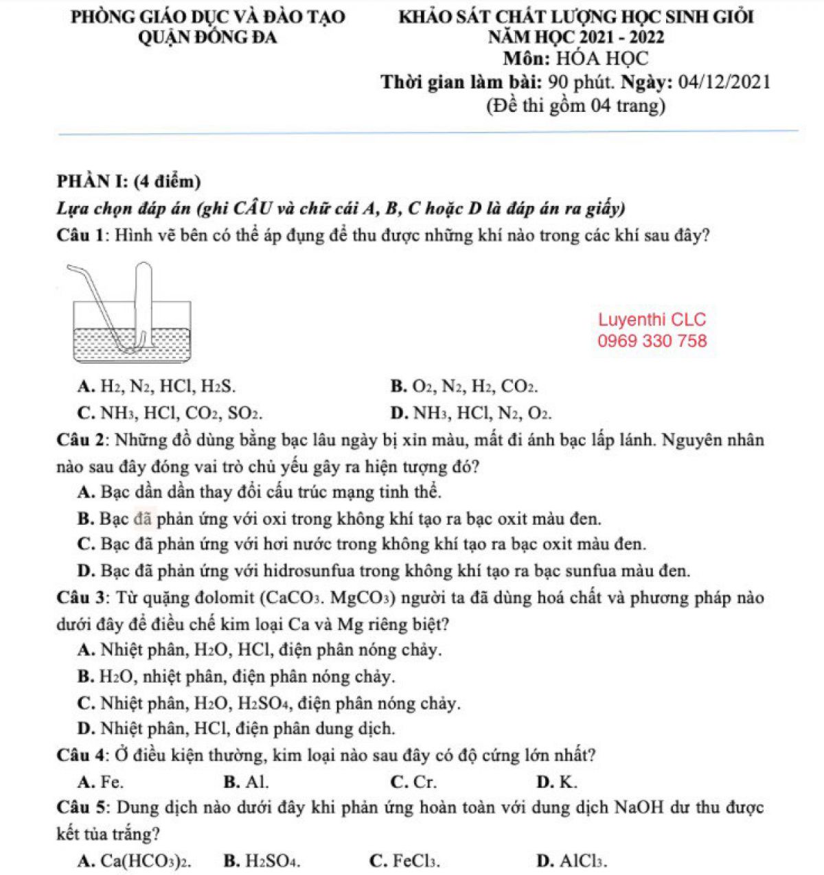 Đề khảo sát chất lượng HSG môn Hóa Học quận Đống Đa, Hà Nội năm 2021