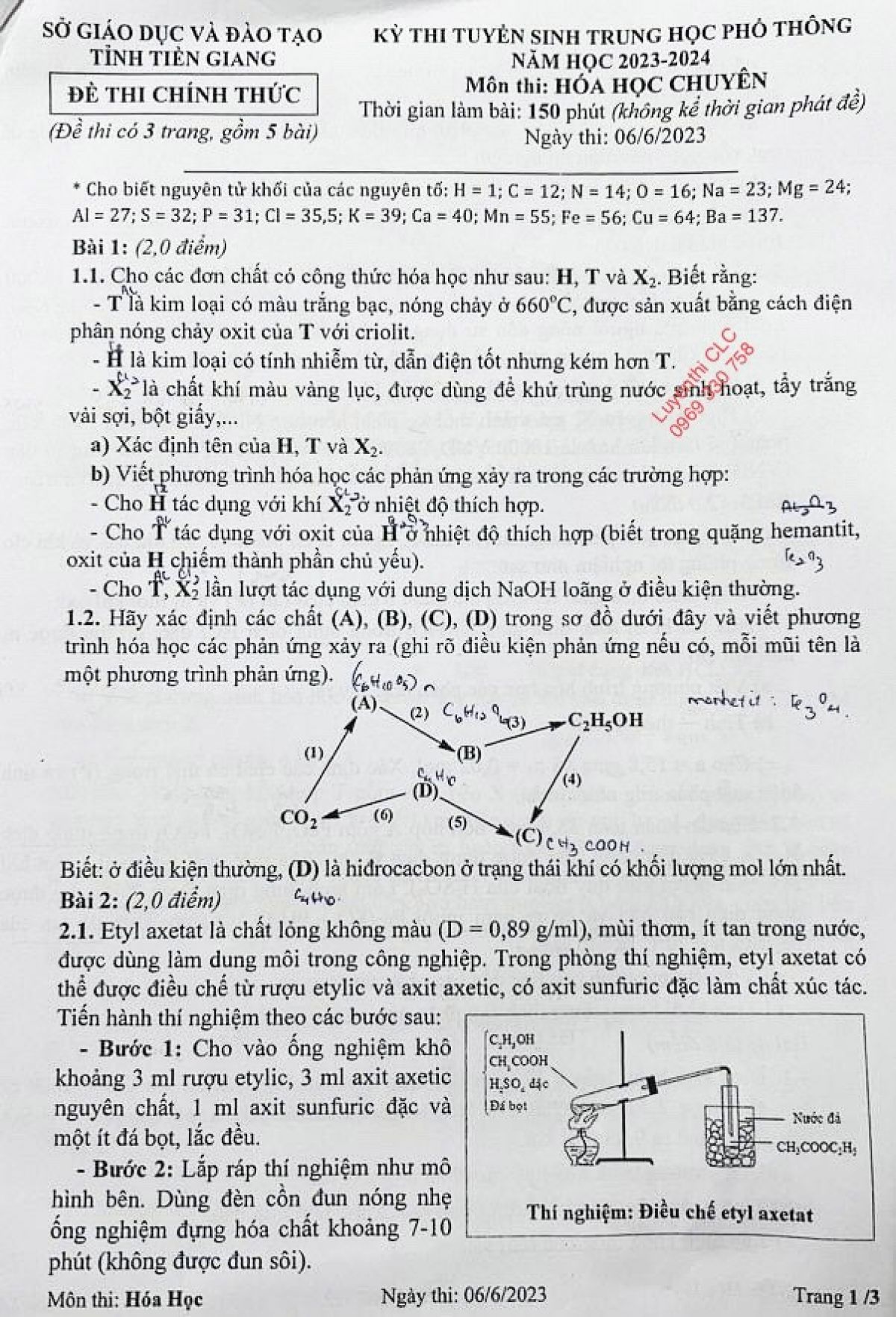 Đề thi tuyển sinh vào lớp 10 THPT môn Hóa Học Chuyên tỉnh Tiền Giang năm 2023