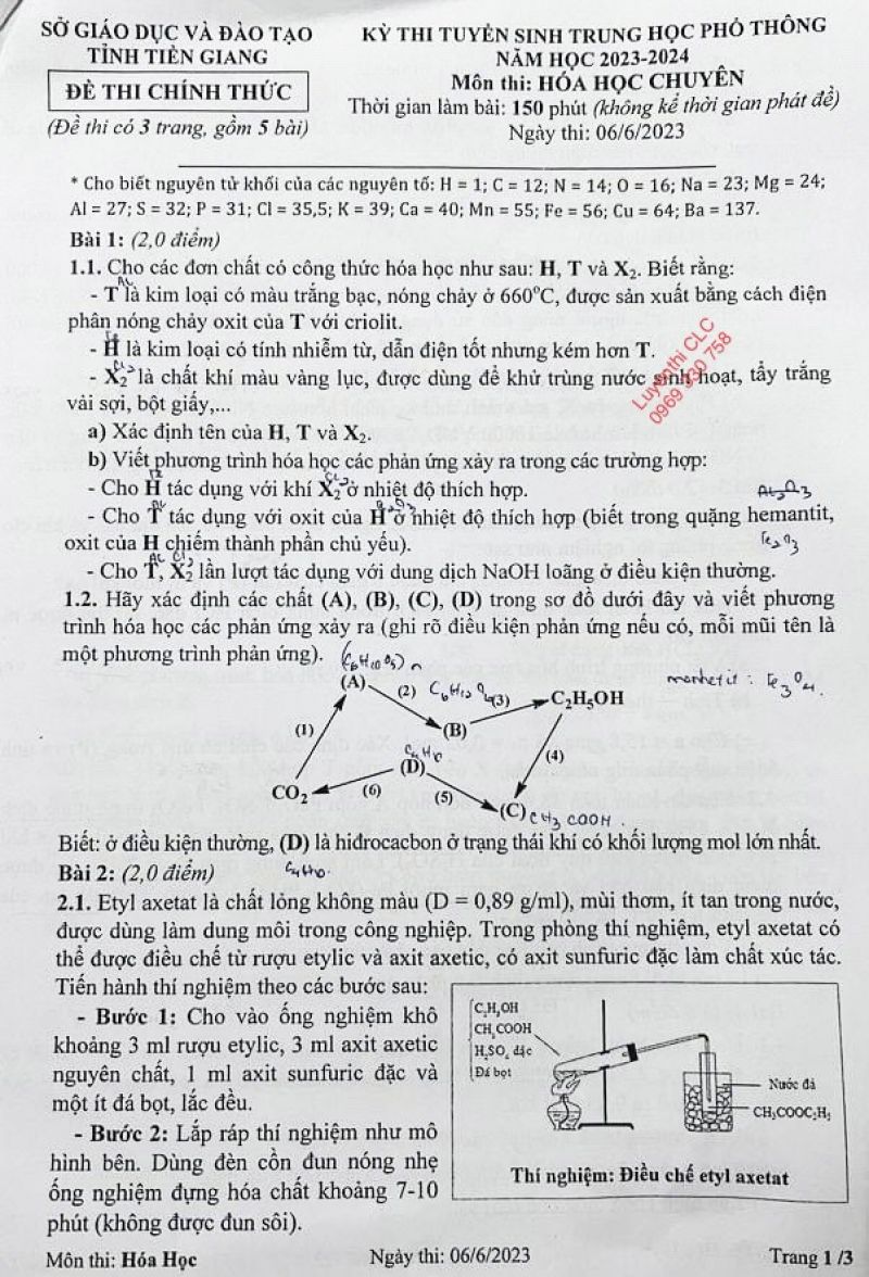 Đề thi tuyển sinh v&agrave;o lớp 10 THPT m&ocirc;n H&oacute;a Học Chuy&ecirc;n tỉnh Tiền Giang năm 2023