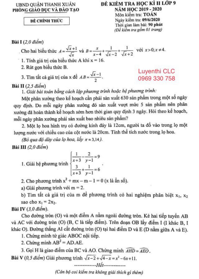 Đề kiểm tra học k&igrave; II m&ocirc;n To&aacute;n lớp 9 quận Thanh Xu&acirc;n, H&agrave; Nội năm 2020