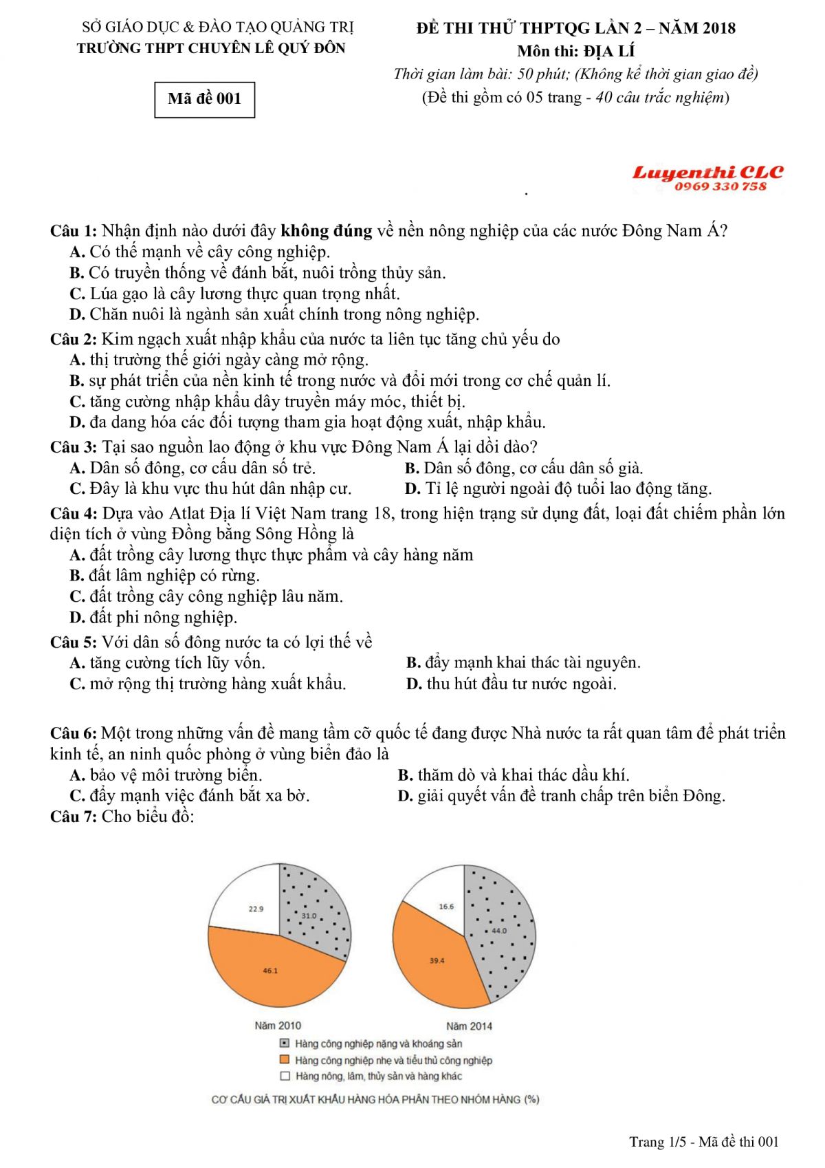 Đề thi thử THPT Quốc Gia lần 2 môn Địa Lý Trường THPT Chuyên Lê Qúy Đôn tỉnh Quảng Trị năm 2018