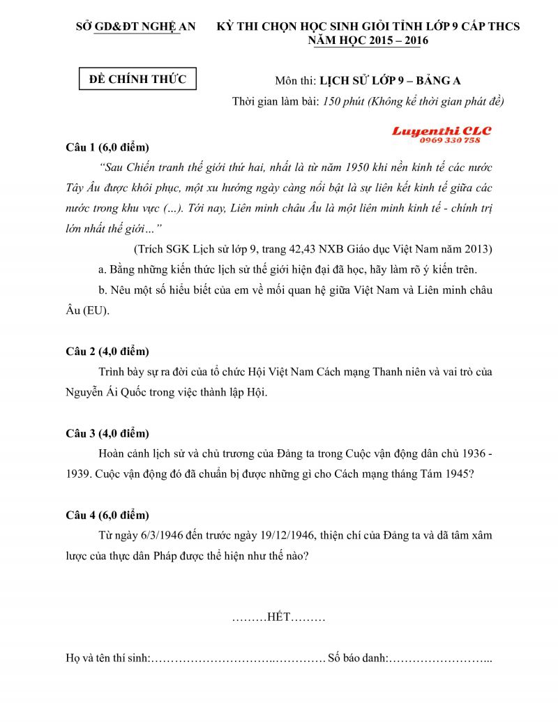 Đề thi chọn HSG tỉnh lớp 9 cấp THCS m&ocirc;n Lịch Sử lớp 9 - Bảng A tỉnh Nghệ An năm 2015