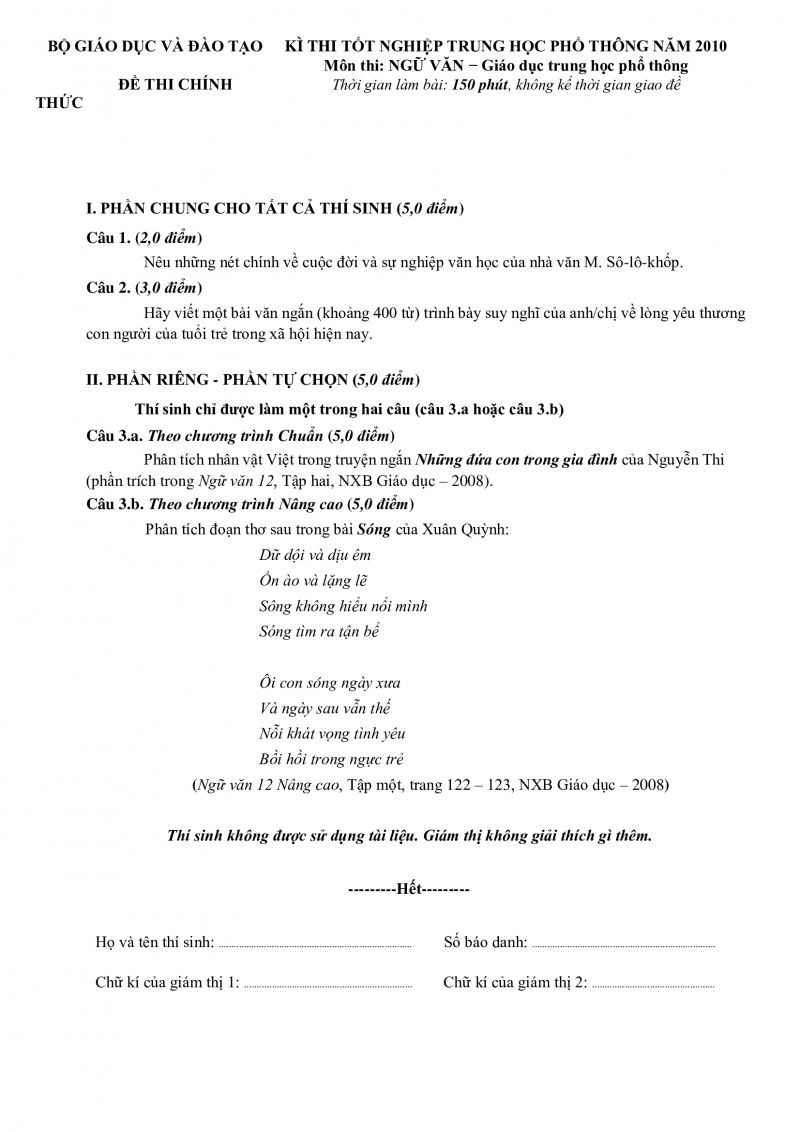 Đề thi tốt nghiệp THPT m&ocirc;n Ngữ Văn năm 2010