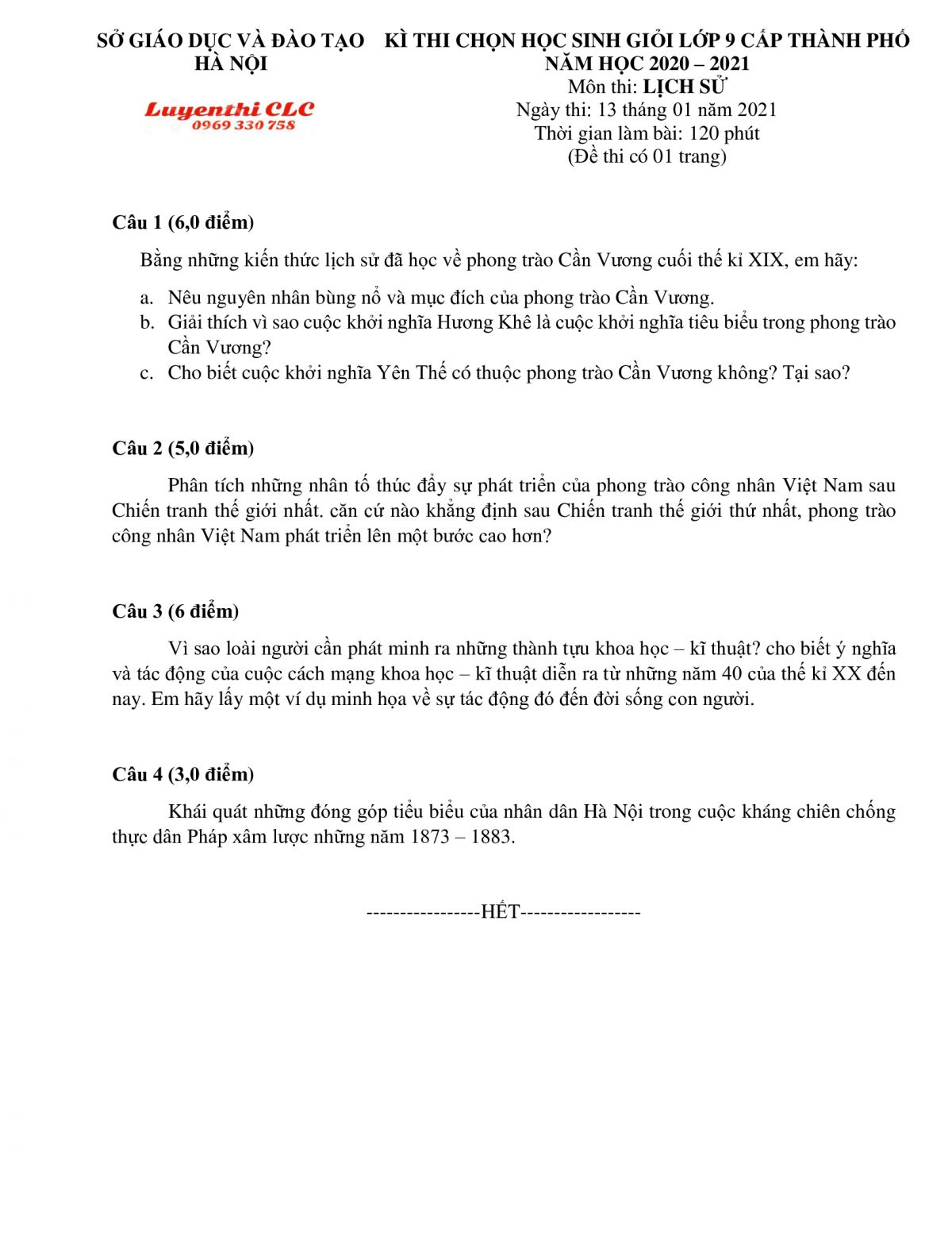 Đề thi chọn HSG lớp 9 cấp th&agrave;nh phố m&ocirc;n Lịch Sử tại H&agrave; Nội năm 2021