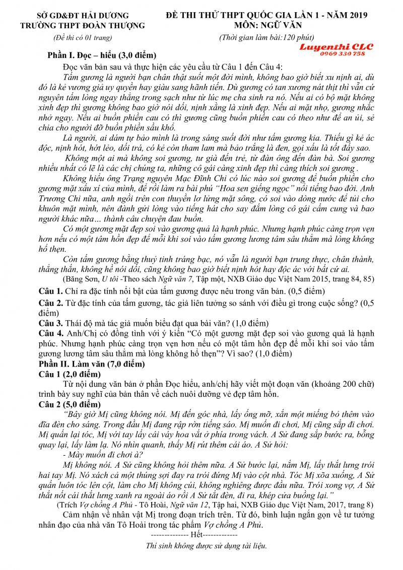 Đề thi thử THPT Quốc Gia lần 1 môn Ngữ Văn Trường THPT Đoàn Thượng tỉnh Hải Dương năm 2019