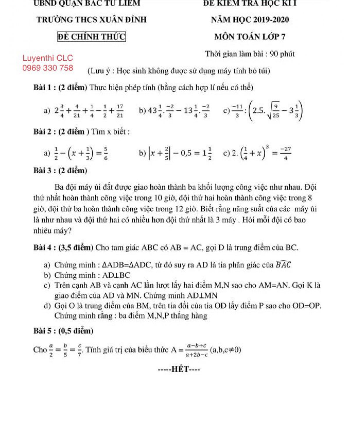Đề kiểm tra học k&igrave; I m&ocirc;n To&aacute;n lớp 7 Trường THCS Xu&acirc;n Đỉnh, quận Bắc Từ Li&ecirc;m, H&agrave; Nội năm 2019