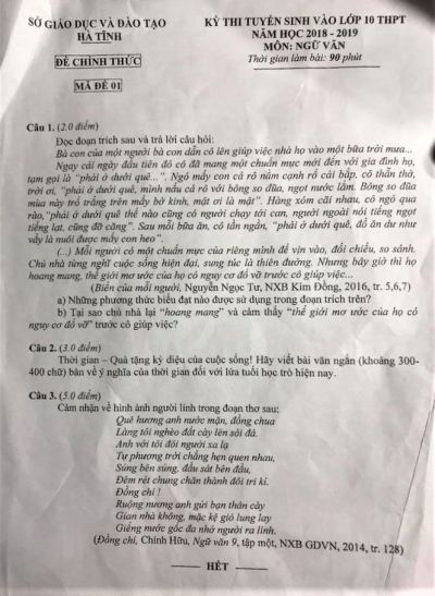 Đề thi tuyển sinh vào lớp 10 THPT môn Ngữ văn tỉnh Hà Tĩnh năm 2018