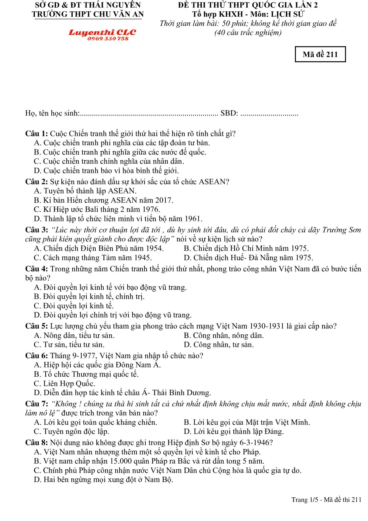 Đề thi thử THPT Quốc Gia lần 2 m&ocirc;n Lịch Sử - m&atilde; đề 211 Trường THPT Chu Văn An tỉnh Th&aacute;i Nguy&ecirc;n