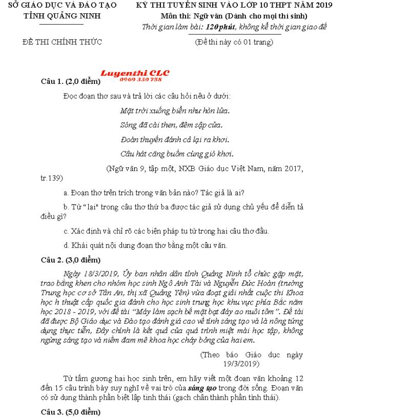 Đề thi tuyển sinh v&agrave;o lớp 10 v&agrave; đ&aacute;p &aacute;n m&ocirc;n Ngữ Văn tỉnh Quảng Ninh năm 2019