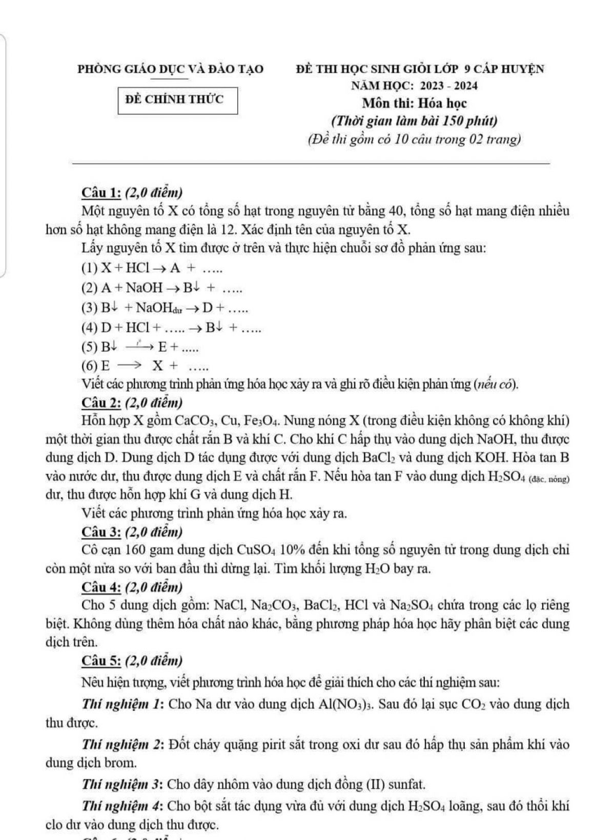 Đề thi HSG và đáp án môn Hóa Học lớp 9 năm 2023