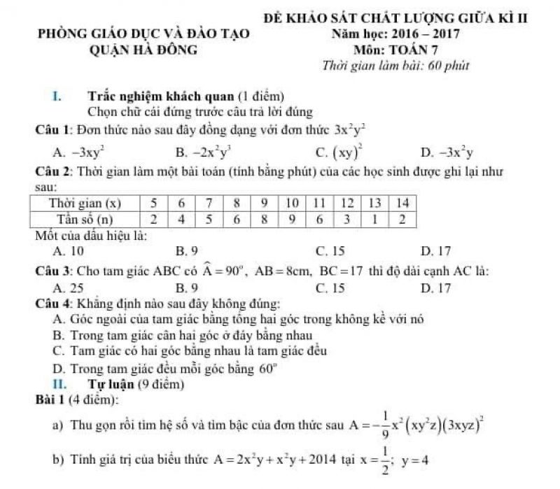 Đề khảo sát chất lượng giữa kì II môn Toán lớp 7 quận Hà Đông, Hà Nội năm 2016