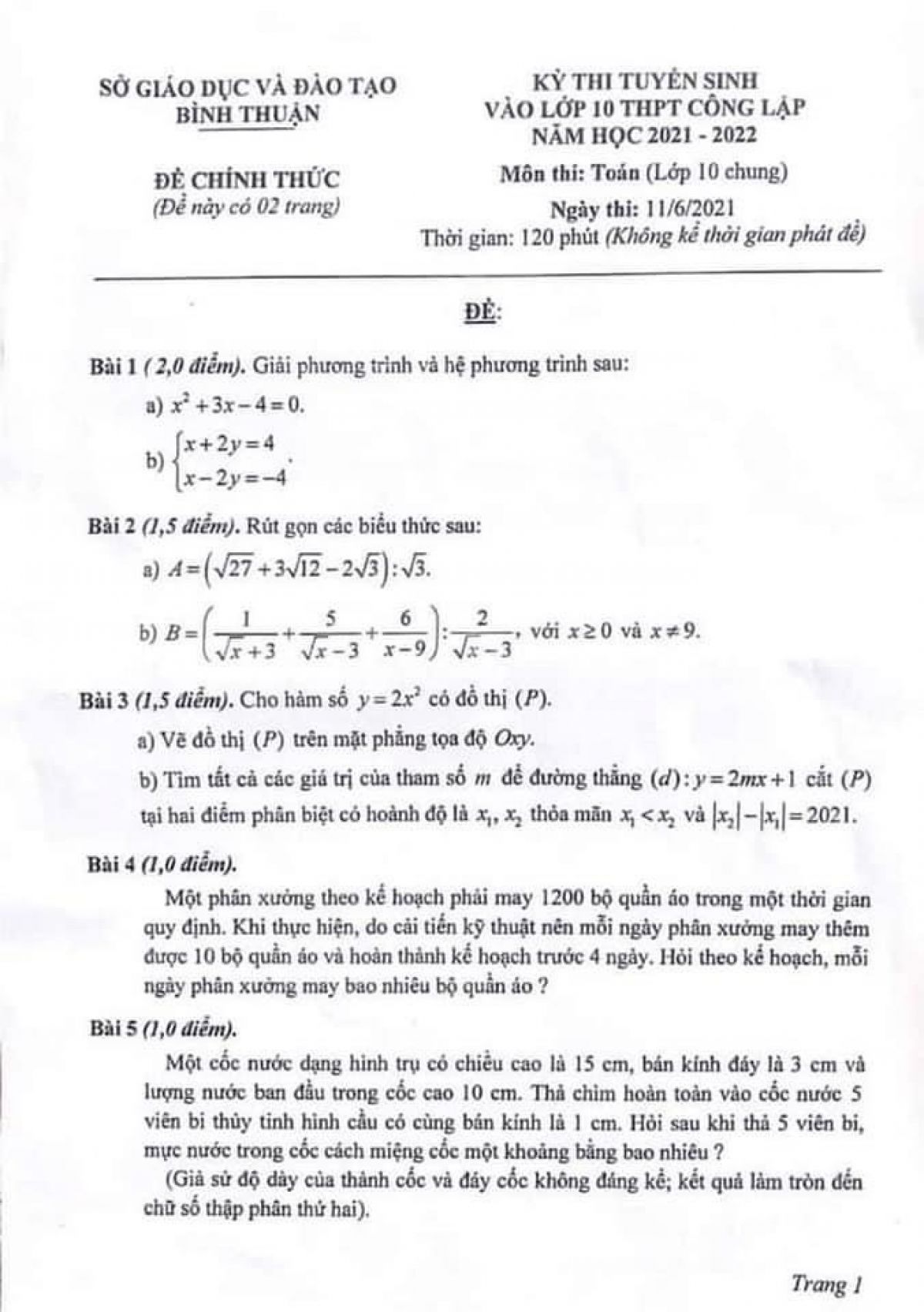Đề thi tuyển sinh v&agrave;o lớp 10 THPT c&ocirc;ng lập m&ocirc;n To&aacute;n tỉnh B&igrave;nh Thuận năm 2021