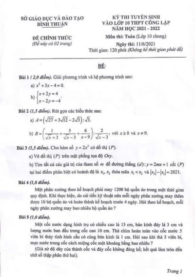 Đề thi tuyển sinh vào lớp 10 THPT công lập môn Toán tỉnh Bình Thuận năm 2021