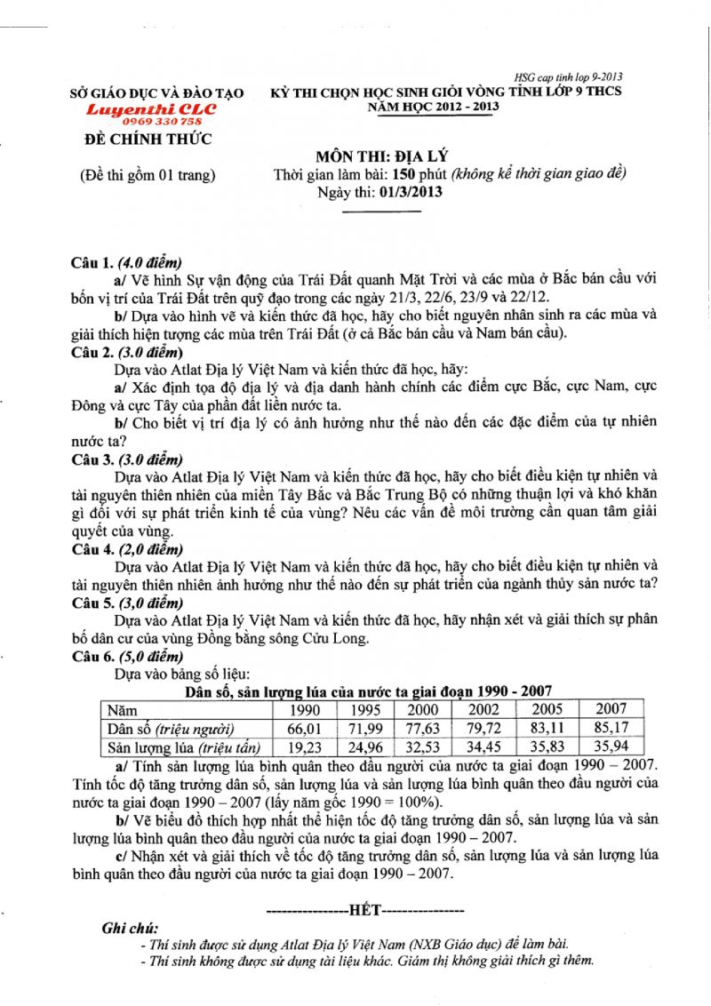 Đề thi chọn HSG vòng tỉnh lớp 9 THCS và đáp án môn Địa Lí tỉnh Kiên Giang năm 2013