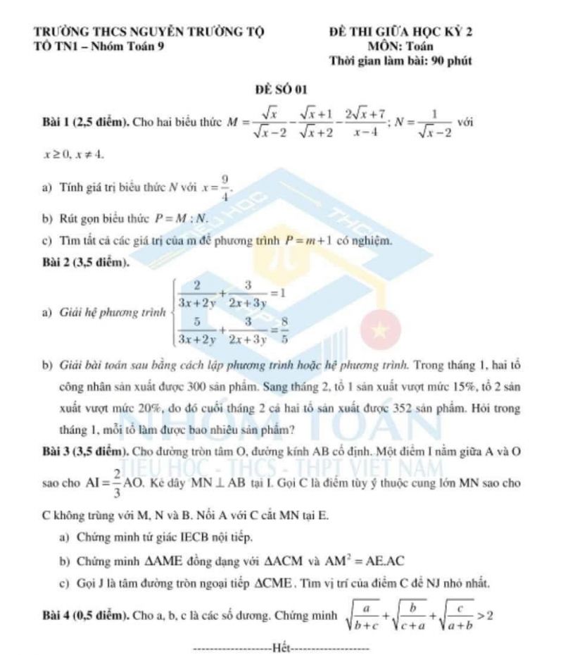 Đề thi giữa học kì II môn Toán lớp 9 Trường THCS Nguyễn Trường Tộ, Hà Nội