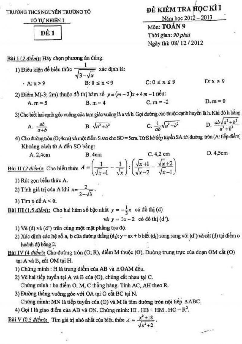 Đề kiểm tra học k&igrave; I m&ocirc;n To&aacute;n Trường THCS Nguyễn Trường Tộ năm 2012