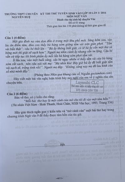 Một số đề thi thử tuyển sinh vào lớp 10 môn Ngữ Văn Trường THPT Nguyễn Huệ năm 2016