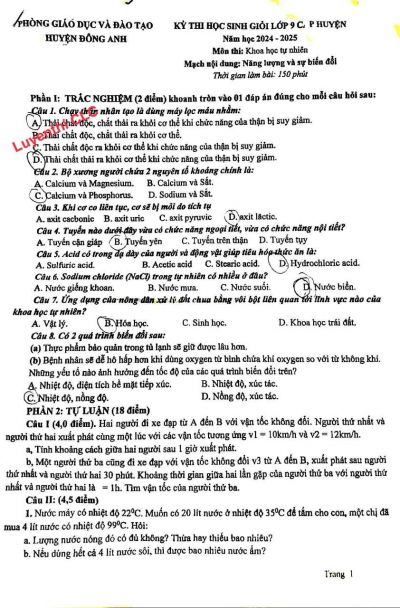 Đề thi chọn HSG lớp 9 môn KHTN huyện Đông Anh năm 2024 - 2025