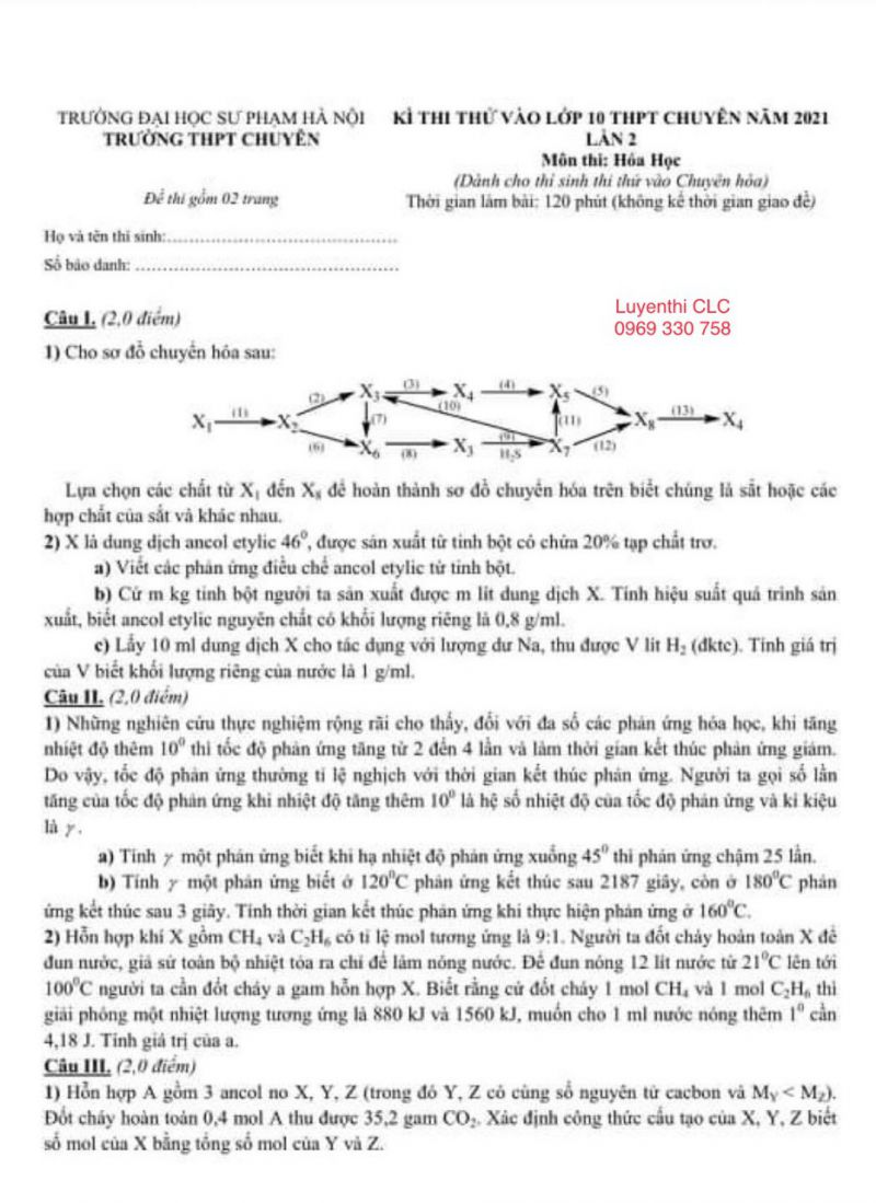 Đề thi thử vào lớp 10 môn Hóa Học lần 2 THPT CHUYÊN Trường Đại học Sư phạm Hà Nội năm 2021