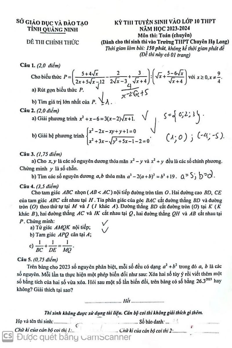 Đề thi tuyển sinh vào lớp 10 THPT môn Toán tỉnh Quảng Ninh năm 2023 (Dành cho thí sinh thi vào Trường THPT Chuyên Hạ Long)