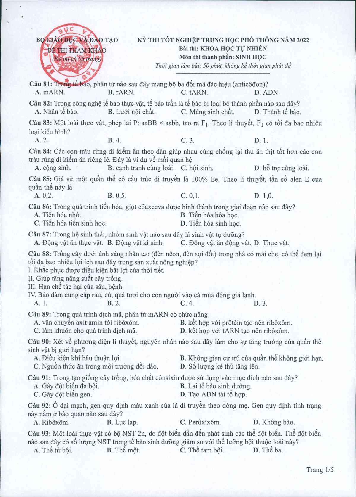 Đề thi tốt nghiệp THPT môn Sinh Học năm 2022 (Đề minh họa)