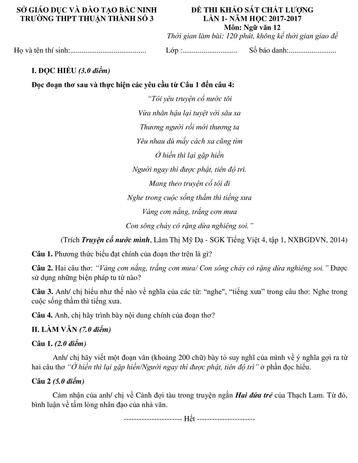 Đề thi khảo sát chất lượng lần 1 và đáp án môn Ngữ Văn lớp 12 Trường THPT Thuận Thành tỉnh Bắc Ninh năm 2017