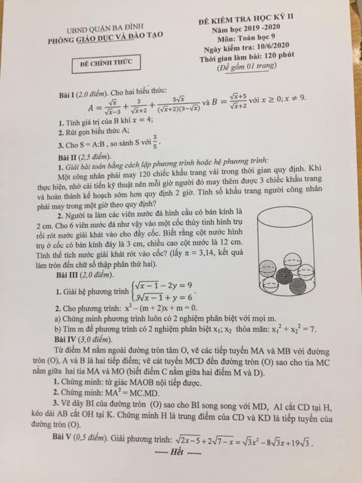 Đề kiểm tra chất lượng học k&igrave; II m&ocirc;n To&aacute;n 9 Quận Ba Đ&igrave;nh, H&agrave; Nội ng&agrave;y 10/06/2020
