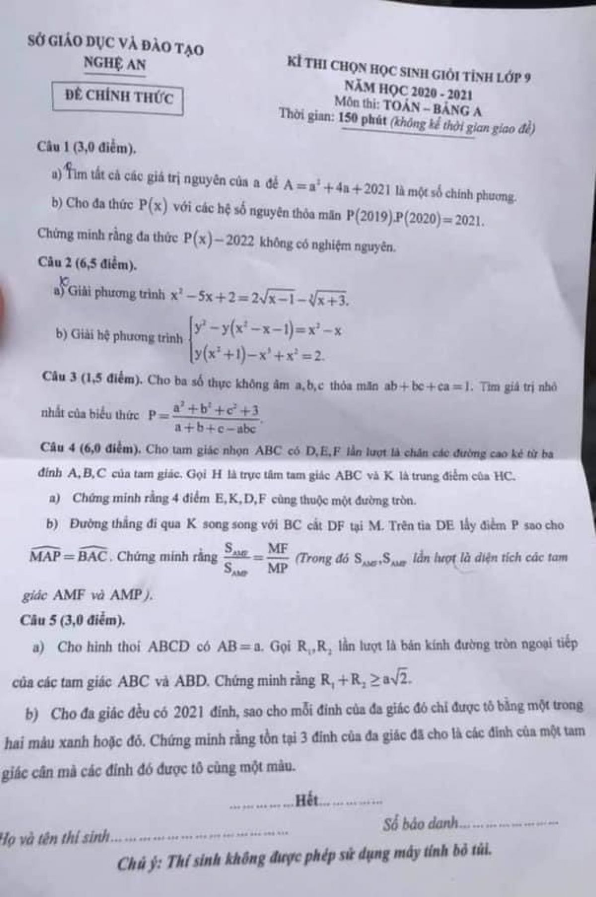 Đề thi chọn HSG m&ocirc;n To&aacute;n lớp 9 - Bảng A tỉnh Nghệ An năm 2021
