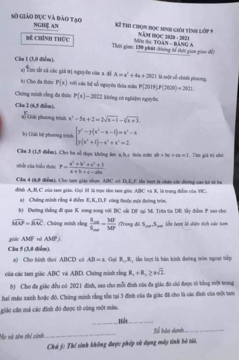 Đề thi chọn HSG môn Toán lớp 9 - Bảng A tỉnh Nghệ An năm 2021