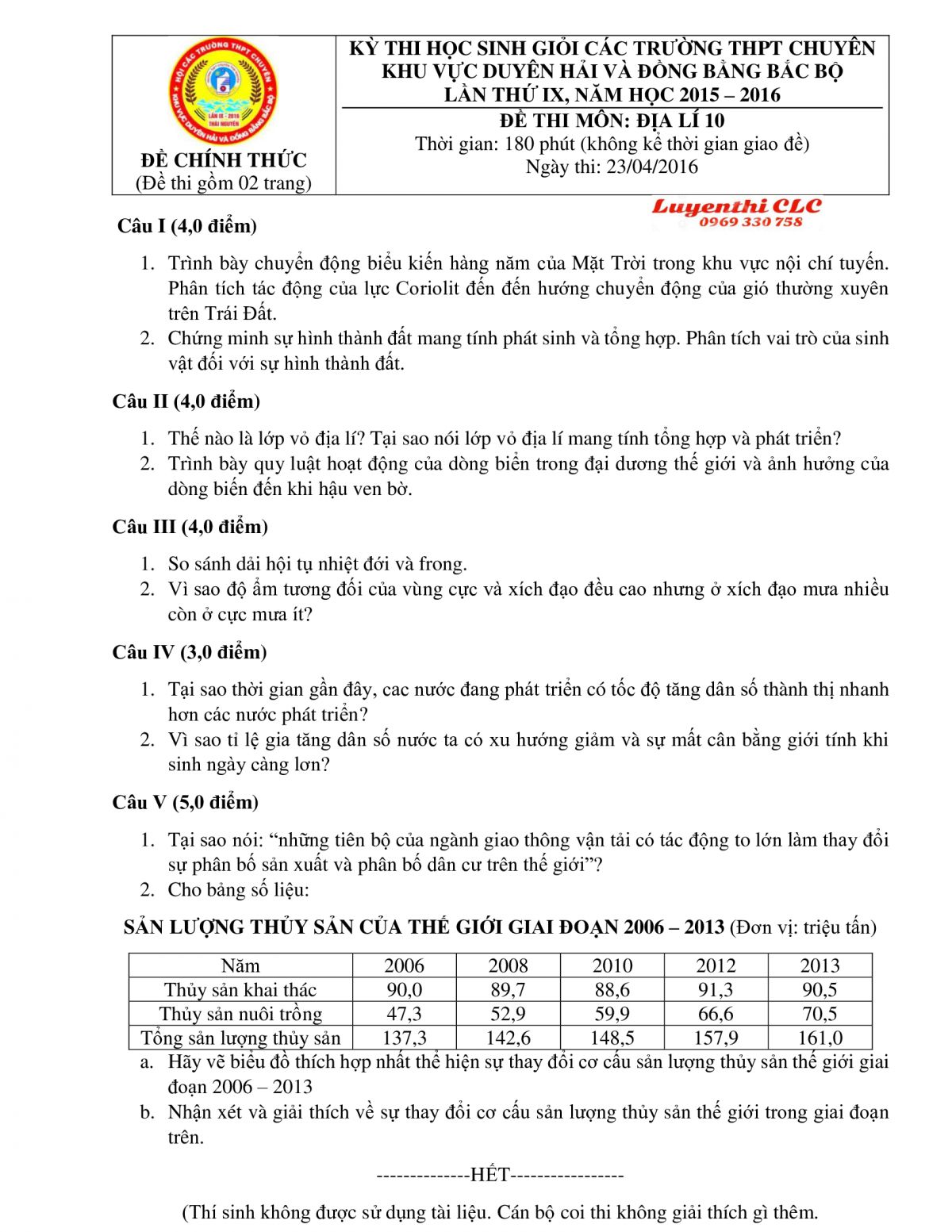 Đề  thi HSG c&aacute;c trường THPT CHUY&Ecirc;N khu vực Duy&ecirc;n hải v&agrave; Đồng bằng Bắc Bộ lần thứ IX m&ocirc;n Địa L&iacute; lớp 10 năm 2016
