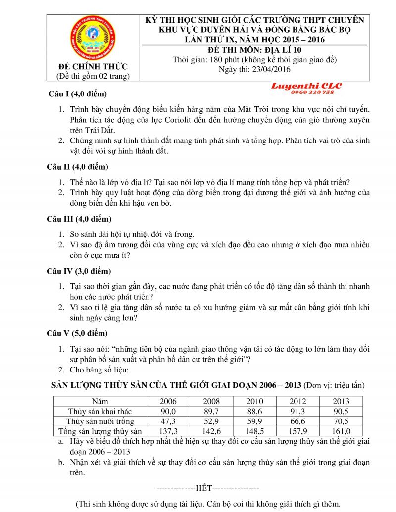 Đề  thi HSG các trường THPT CHUYÊN khu vực Duyên hải và Đồng bằng Bắc Bộ lần thứ IX môn Địa Lí lớp 10 năm 2016