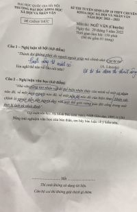 Đề thi tuyển sinh vào lớp 10 môn Ngữ Văn THPT CHUYÊN Trường Đại học Khoa học Xã hội và Nhân văn Hà Nội năm 2022