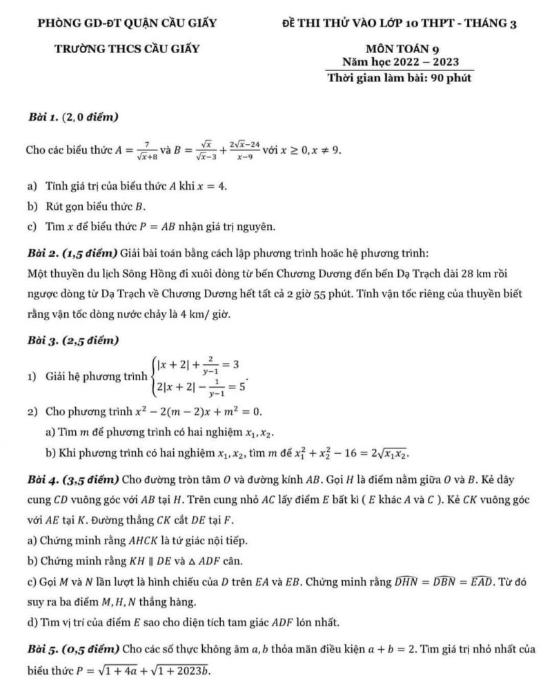 Đề thi thử vào lớp 10 môn Toán Trường THCS Cầu Giấy năm 2023
