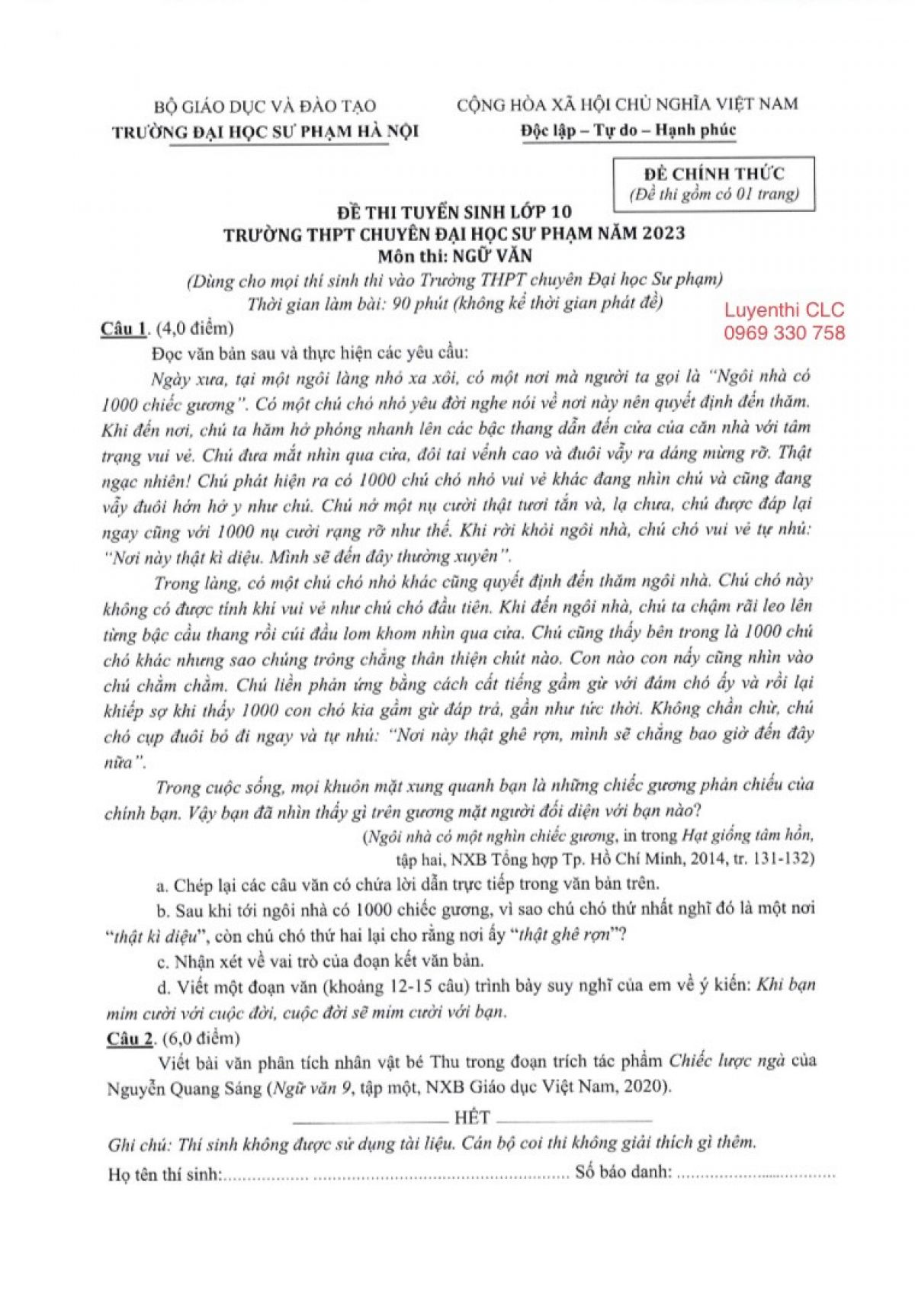 Đề thi tuyển sinh vào lớp 10 và đáp án môn Ngữ Văn Trường THPT CHUYÊN Đại học Sư phạm Hà Nội năm 2023 ( Dành cho tất cả các thí sinh thi vào Trường THPT CHUYÊN )