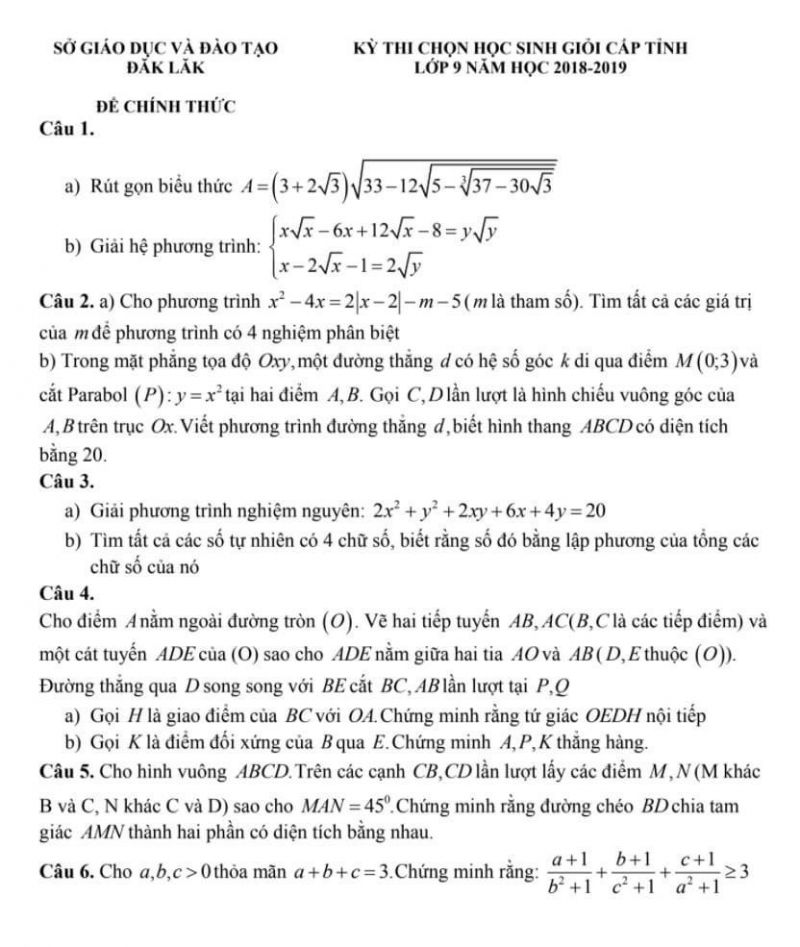 Đề thi chọn HSG môn Toán lớp 9 tỉnh Đắk Lắk năm 2019