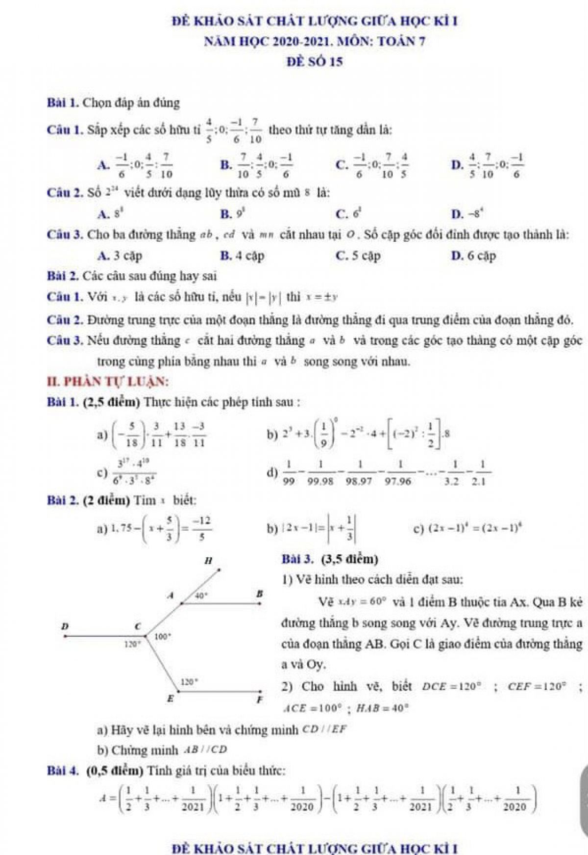 Đề thi khảo s&aacute;t chất lượng giữa học k&igrave; I m&ocirc;n To&aacute;n lớp 7 năm 2021. Đề số 15