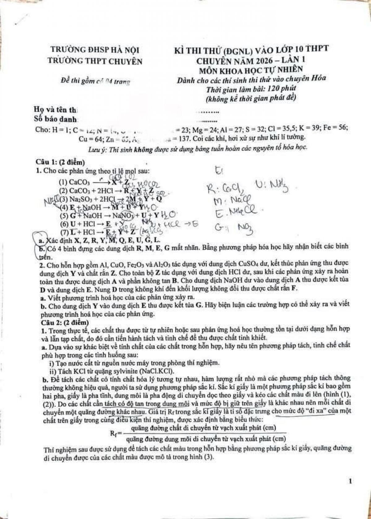 Đề thi thử chuy&ecirc;n sư phạm m&ocirc;n H&oacute;a lần 1 năm 2026