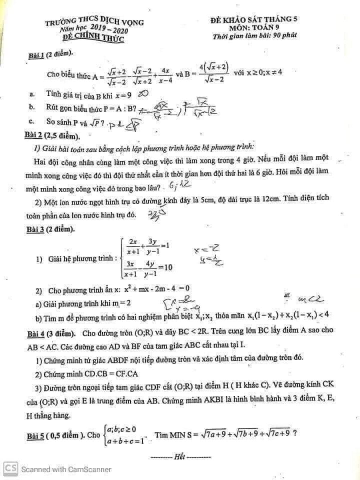 Đề khảo s&aacute;t th&aacute;ng 5 m&ocirc;n To&aacute;n lớp 9 Trường THCS Dịch Vọng năm 2019