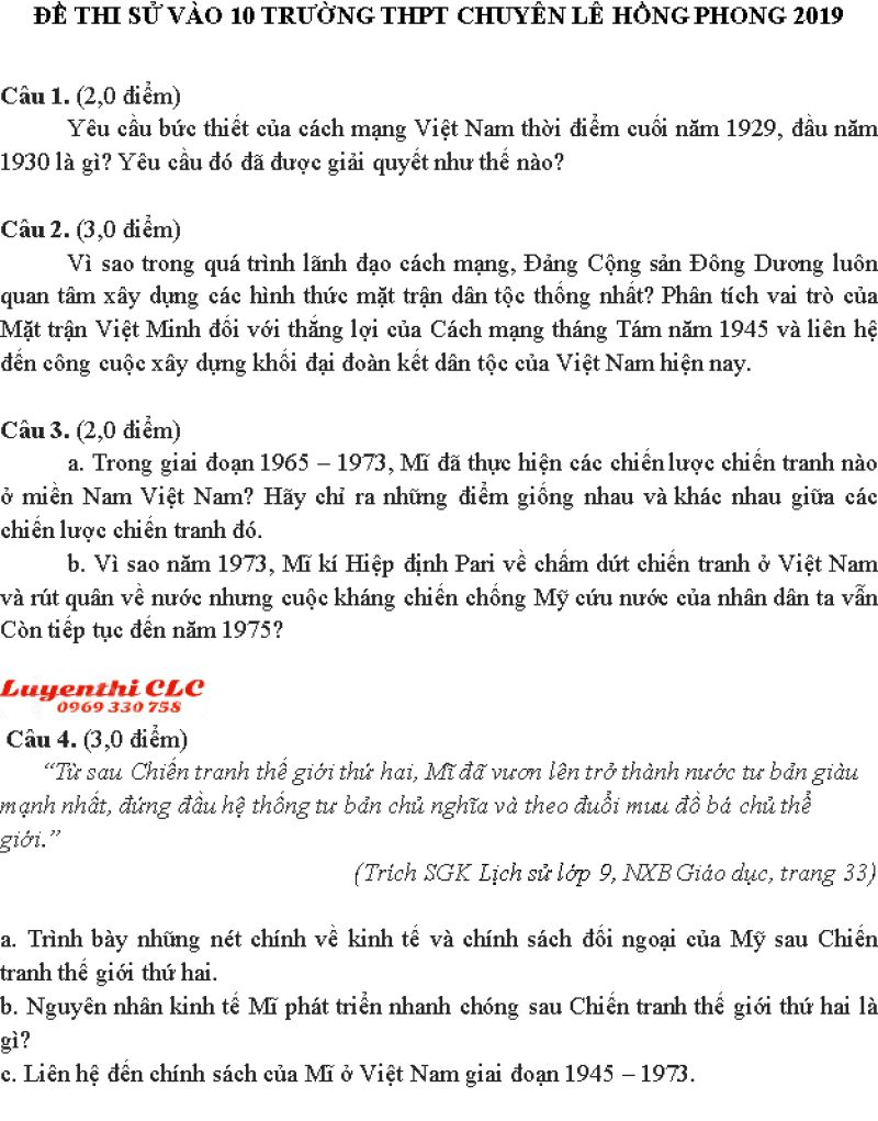 Đề thi m&ocirc;n Lịch Sử v&agrave;o 10 Trường THPT CHUY&Ecirc;N L&ecirc; Hồng Phong năm 2019