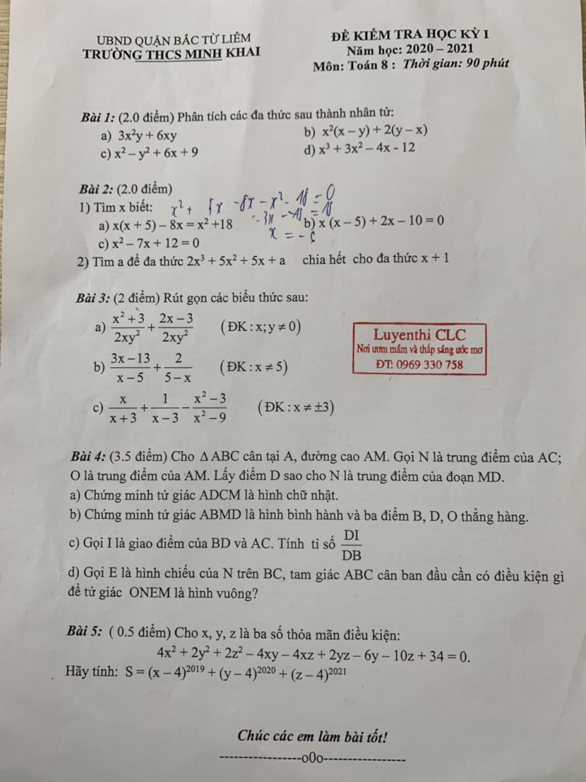 Đề kiểm tra cuối học k&igrave; I m&ocirc;n To&aacute;n lớp 8 Trường THCS Minh Khai, quận Bắc Từ Li&ecirc;m, H&agrave; Nội năm 2020