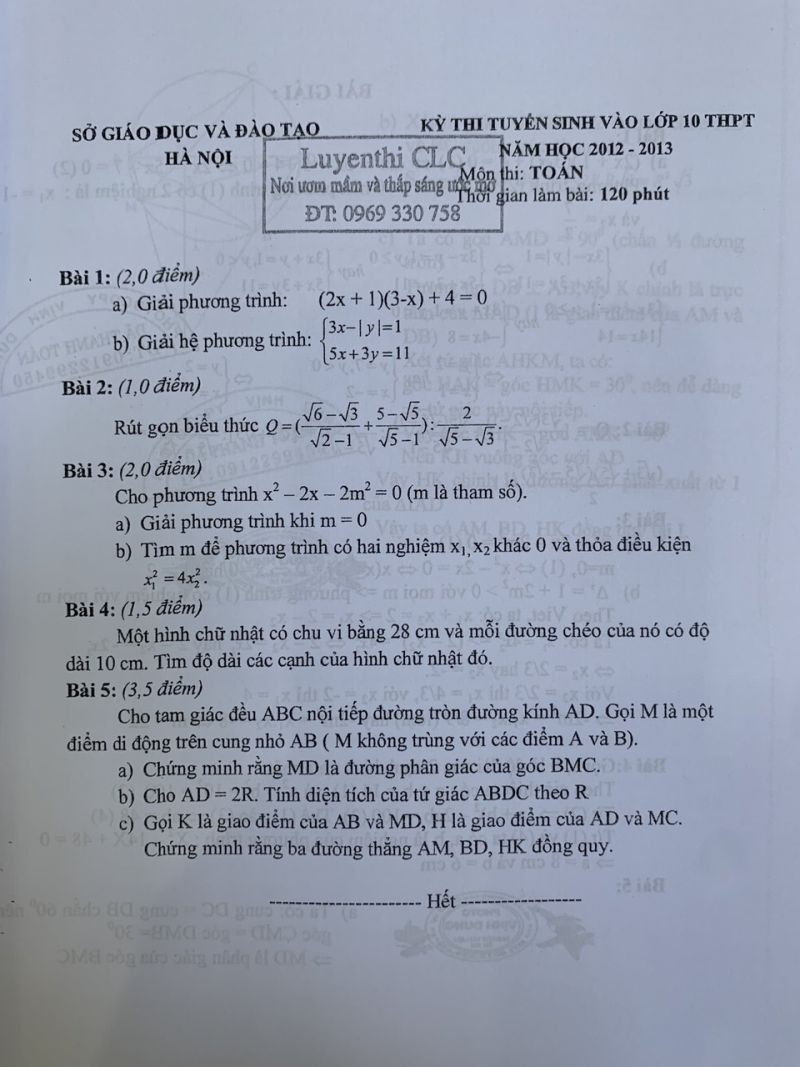 Một số đề thi tuyển sinh vào lớp 10 môn Toán tại Hà Nội năm 2012