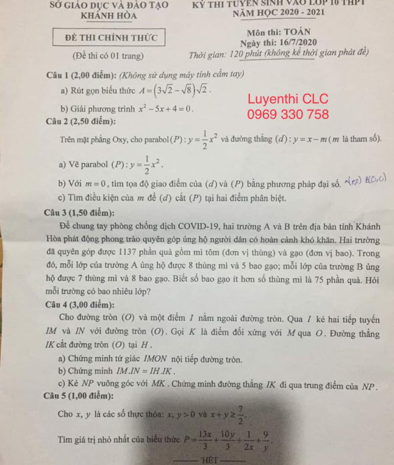 Đề thi m&ocirc;n To&aacute;n- tuyển sinh v&agrave;o lớp 10 THPT tỉnh Kh&aacute;nh Ho&agrave; năm 2020