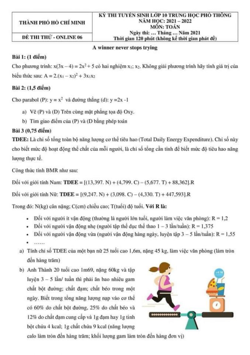Đề thi thử tuyển sinh v&agrave;o lớp 10 THPT m&ocirc;n To&aacute;n tại Hồ Ch&iacute; Minh năm 2021 - Đề số 06