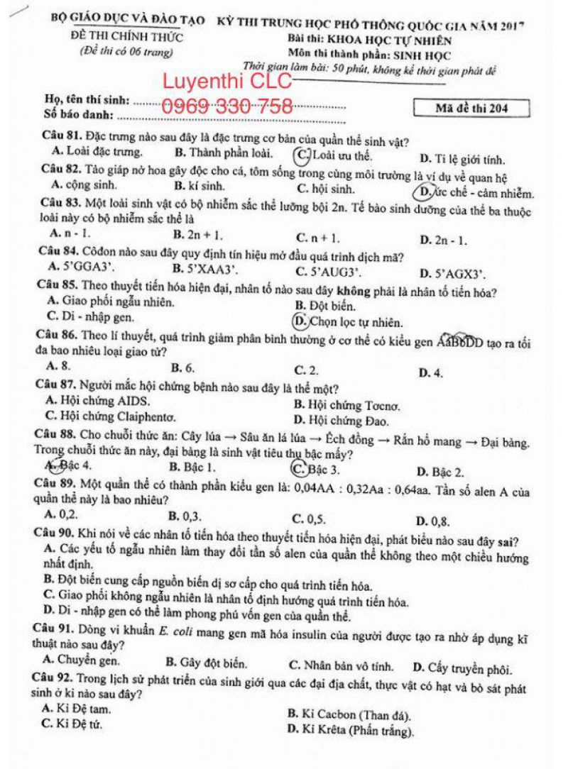 Đề thi THPT quốc gia môn Sinh học năm 2017  Mã đề 204
