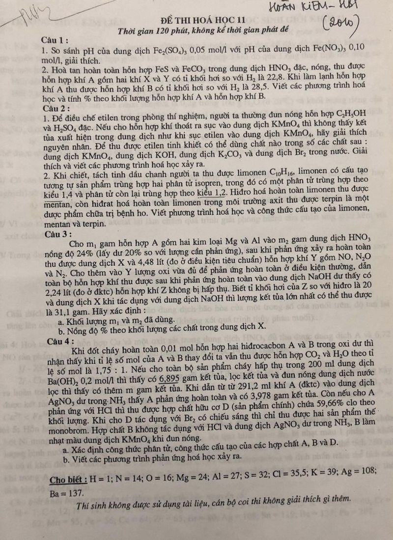 Đề thi môn Hóa Học lớp 11 Cụm Hoàn Kiếm - Hai Bà Trưng, Hà Nội năm 2010