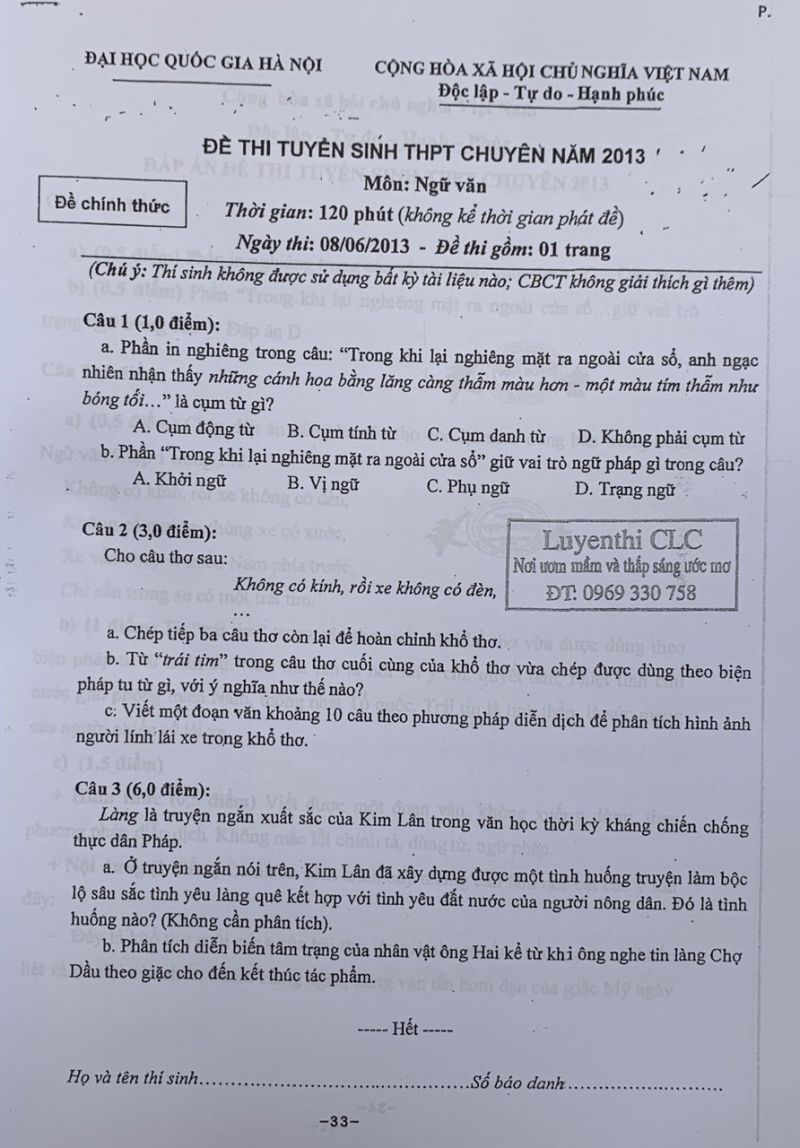 Đề thi tuyển sinh THPT CHUYÊN môn Ngữ Văn Đại học Quốc Gia Hà Nội năm 2013