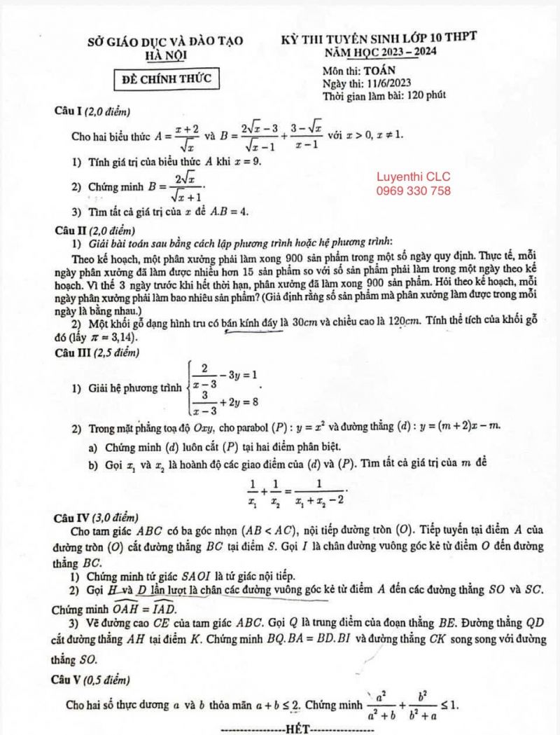 Đề thi tuyển sinh vào lớp 10 THPT môn Toán tại Hà Nội năm 2023