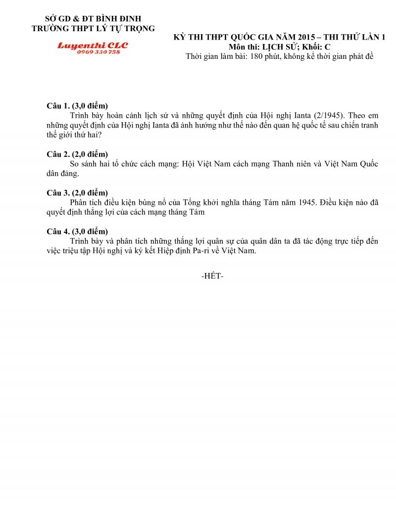 Đề thi thử lần 1 m&ocirc;n Lịch Sử lớp 12 Trường THPT L&yacute; Tự Trọng tỉnh B&igrave;nh Định năm 2015