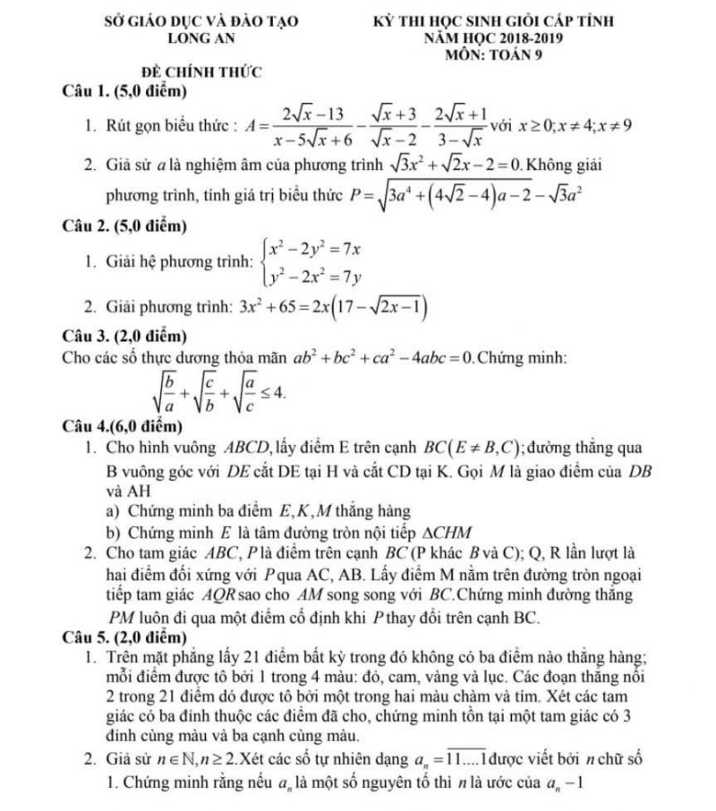 Đề thi chọn HSG môn Toán lớp 9 tỉnh Long An năm 2019