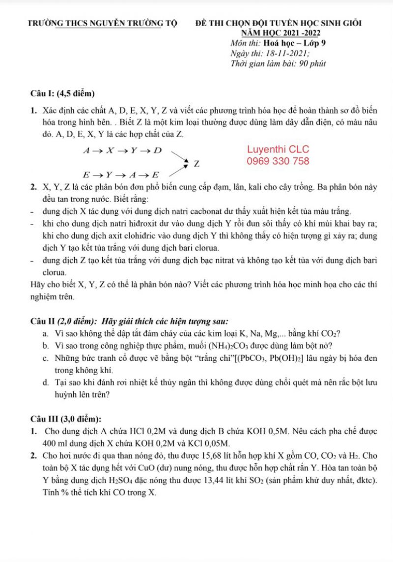 Đề thi chọn đội tuyển HSG môn Hóa Học lớp 9 Trường THPT Nguyễn  Trường Tộ, Hà Nội năm 2021